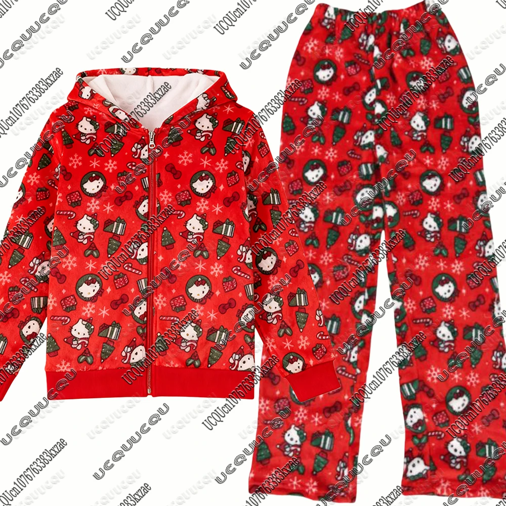 Sanrio noël Hello Kitty imprimer sweat à capuche avec fermeture éclair + pyjama pantalon pour femmes automne hiver costumes décontractés Y2K Harajuku pantalons de sport