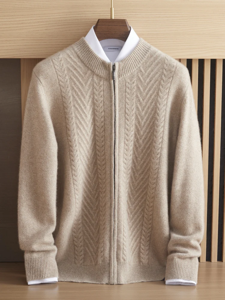 

Semi-high-necked cashmere zipper cardigan men's 100% pure cashmere sweater thick twisted sweater light luxury sweater coat