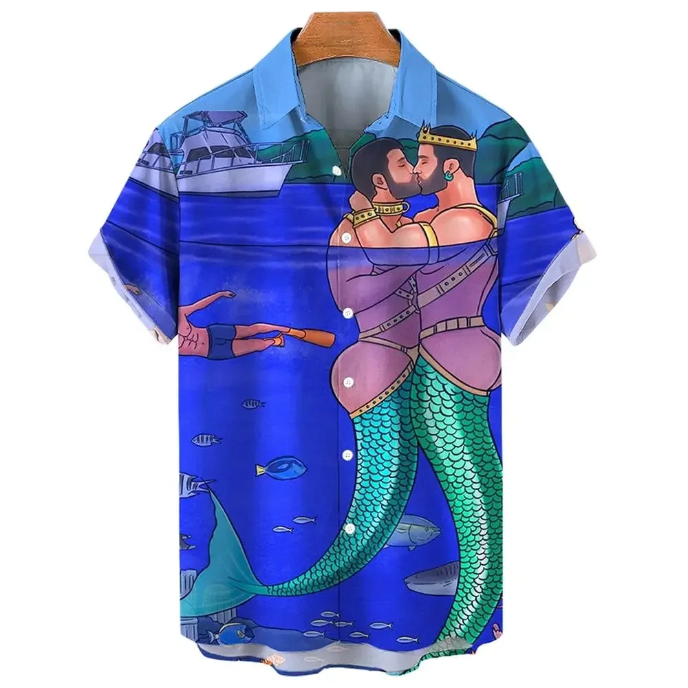 Blouse 2024 New Oversized Shirt Mens Hawaiian Shirts For Men Mermaid Print Beach Short Sleeve Tops Designer Clothes High Quality