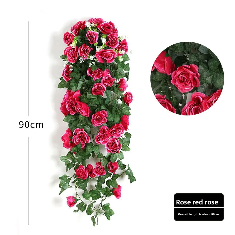 

High-end silk flower simulation rose rattan wall hanging wedding home ins style scene layout fake flowers and green plants
