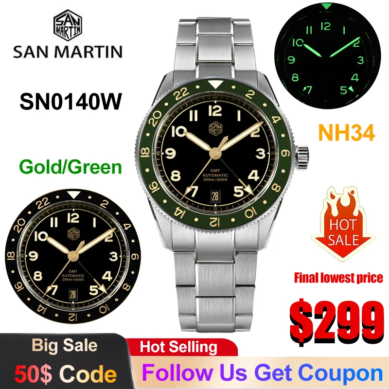 

Механические часы San Martin SN0140W, 38 мм, с сапфировым стеклом Bubble, GMT, автоматический механизм NH34, светящиеся стрелки BGW9 C3, водонепроницаемость 20 бар, мужские люксовые часы