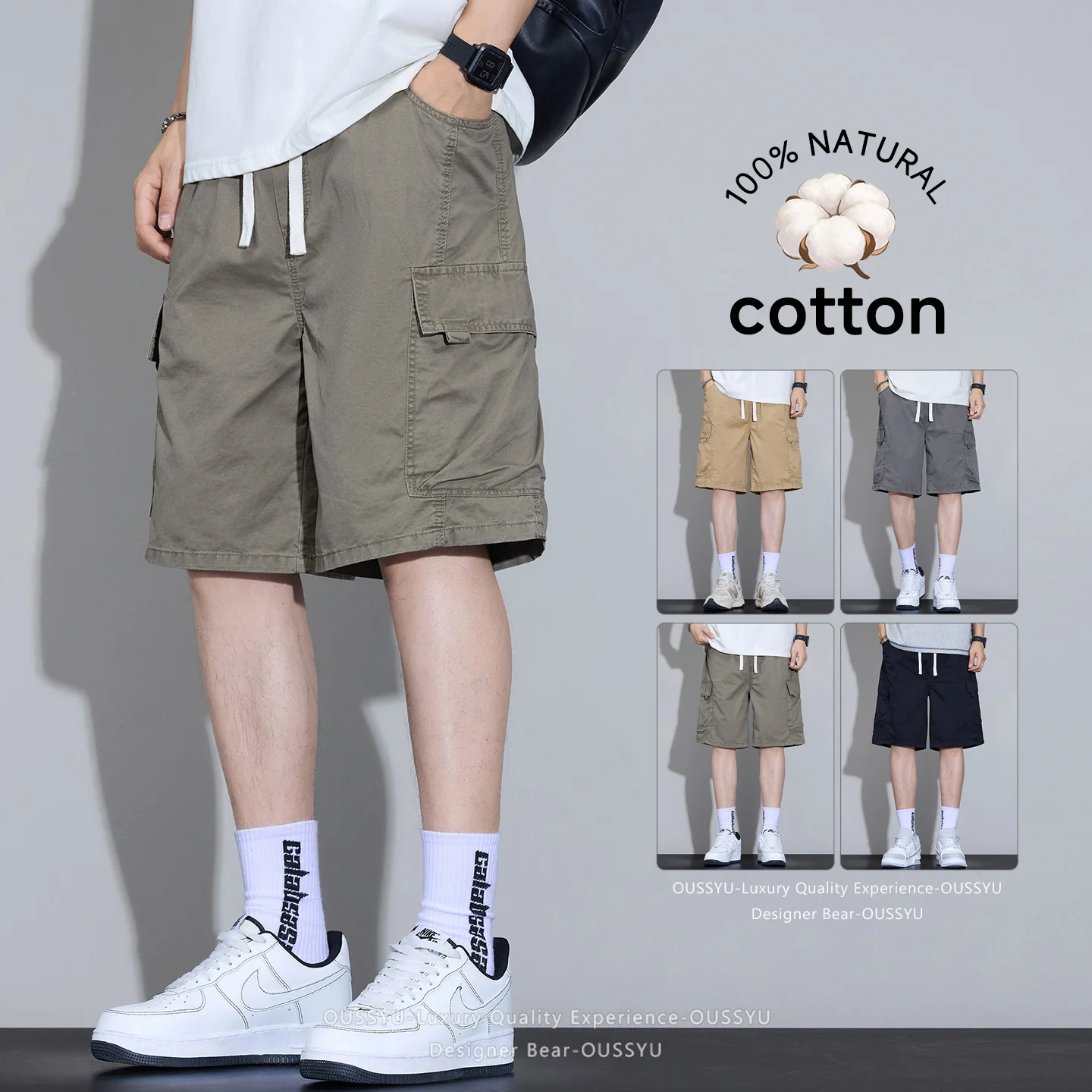 

2026 New Men's Summer Breathable Pure Cotton Cargo Shorts Multi-pocket Loose Fit Casual Mid Knee Pants Comfortable Streetwear
