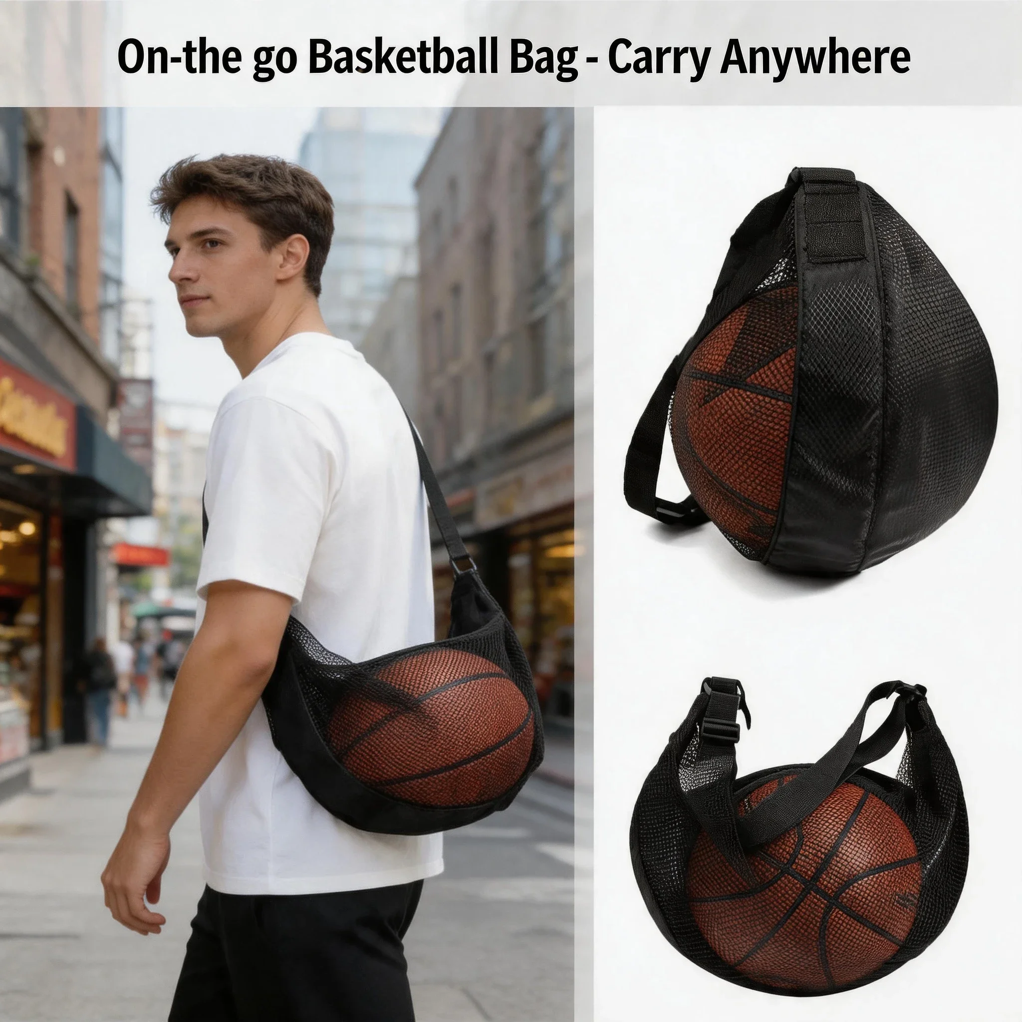 

Crossbody Carrier Durable Anti-Tear Mesh Single Ball Bag Fits Size 7 Basketball Soccer Volleyball With Adjustable Strap & Zipper