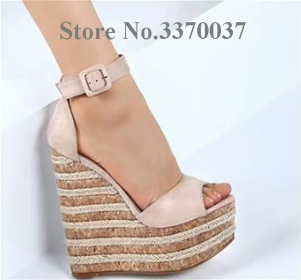 2018 Summer New Style Suede Leather Ankle Strap High Platform Wedge Sandals Fashion Super High Straw stripe Heel Wedge Sandals