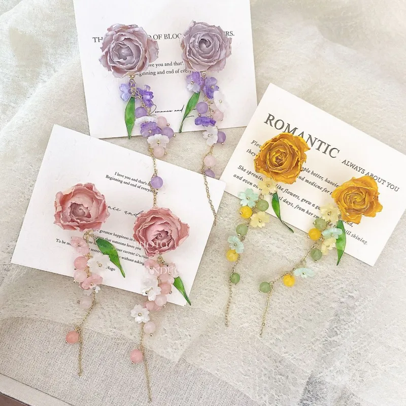 

Elegant Rose Flower Long Earrings Immortal Natural Pink Rose Earrings Handmaking Epoxy Resin Purple Rose Long Earrings Jewelry