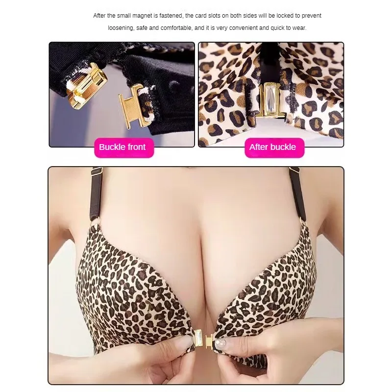 Fashion Front Closure Underwired Beauty Back Underwear Women\'s Thin Leopard Print Bra Thick Push up Wireless Girl Bra