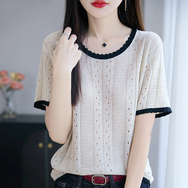 ฤดูร้อนคลาสสิกถักผู้หญิงเสื้อสวมหัวรอบคอเสื้อแขนสั้นนุ่มระบายอากาศได้คุณภาพสูงแฟชั่นยอดนิยม