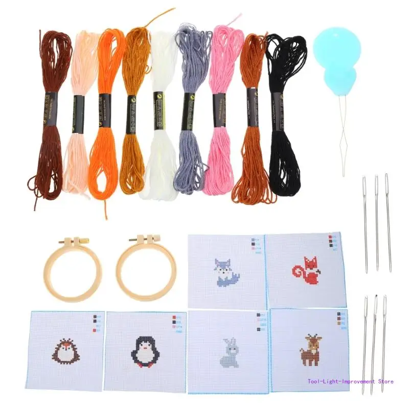 

C63E Embroidery Starter Kits with Animals Pattern Stitches Sewing Kits Gift
