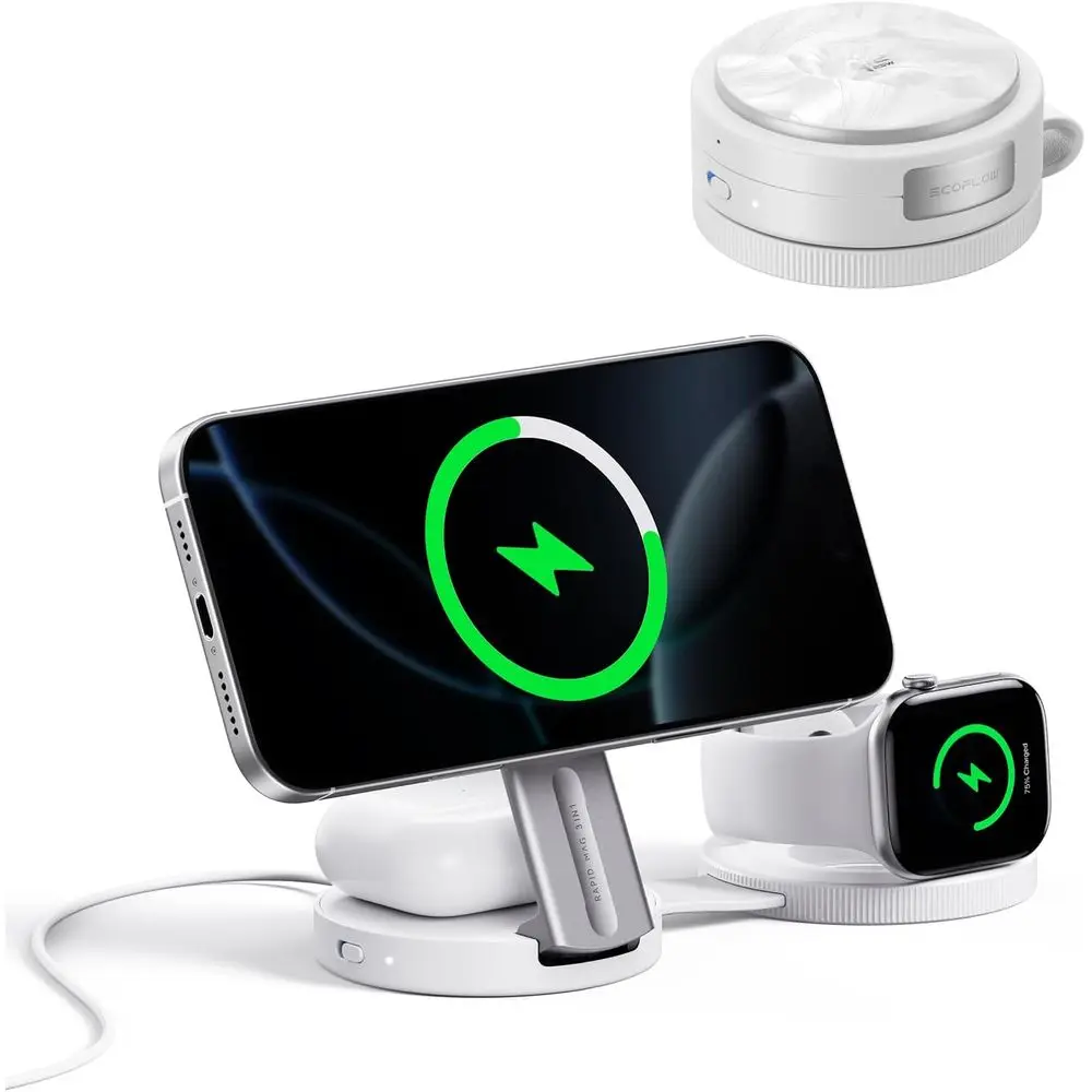 3-in-1 Qi2.2 25W Magnetic Wireless Charging Station for iPhone 17/16/15, Watch & AirPods with 45W Travel Adapter, White