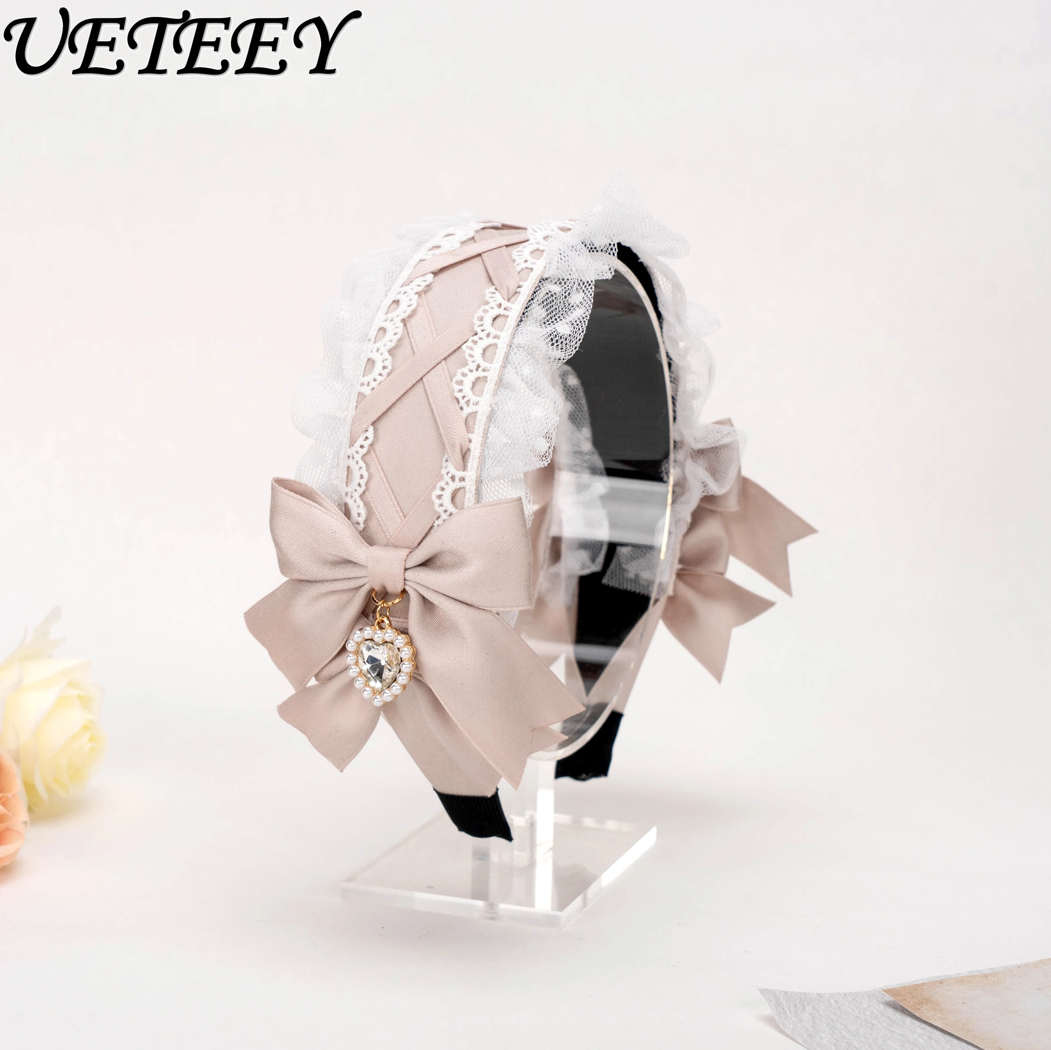 Black Hair Bow Barrettes Sweet Kawaii Lolita Lace Cross Tied Bow Heart Shape Rhinestone Pendant Headband Mine Hair Accessories