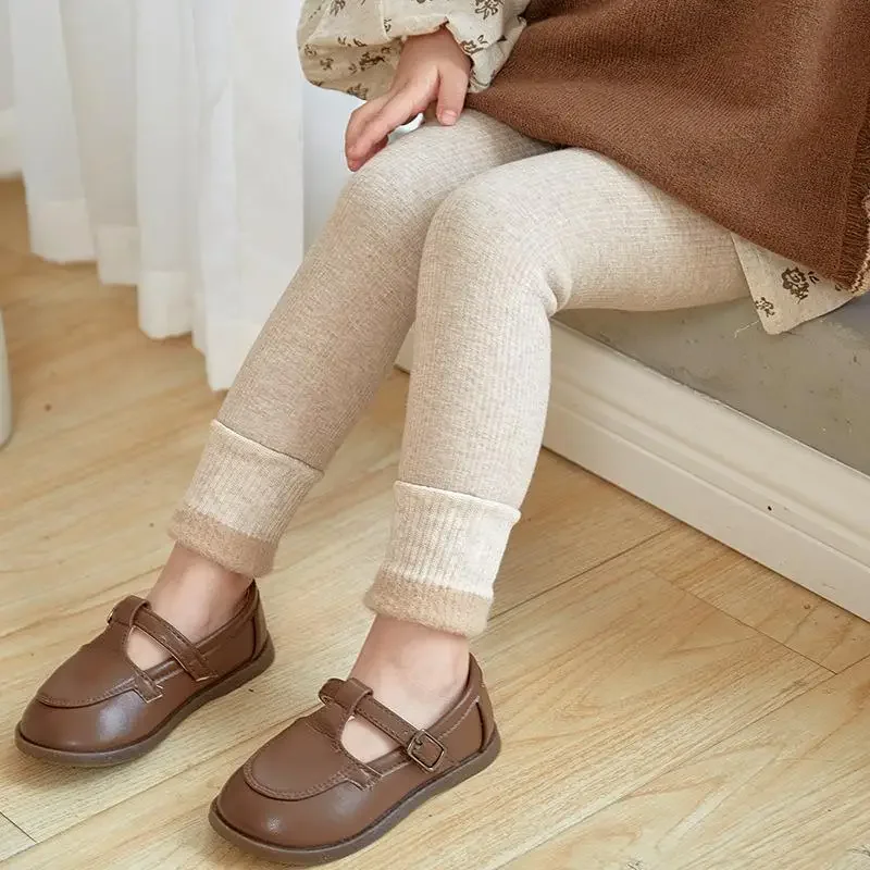 Autumn Winter Fleece-lined Thickened Girls Leggings Solid Color Vertical Stripes-Foot Furry kids Warm Cropped Pants for age 4-12