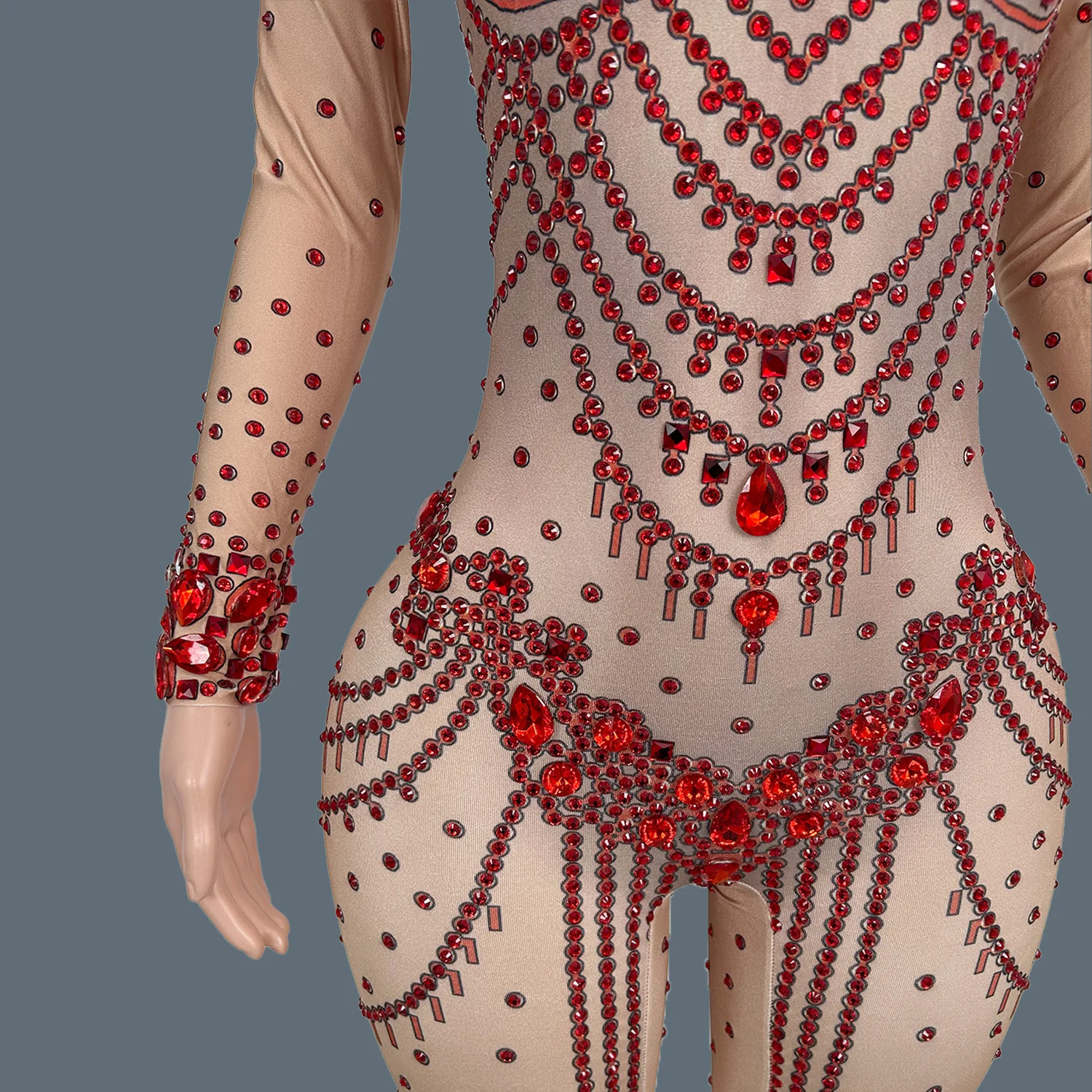 Tuta skinny elastica in spandex Shine Red Strass Nightclub Party Dance Stage Performance Outfit Showgirl Abbigliamento sexy Hongboli