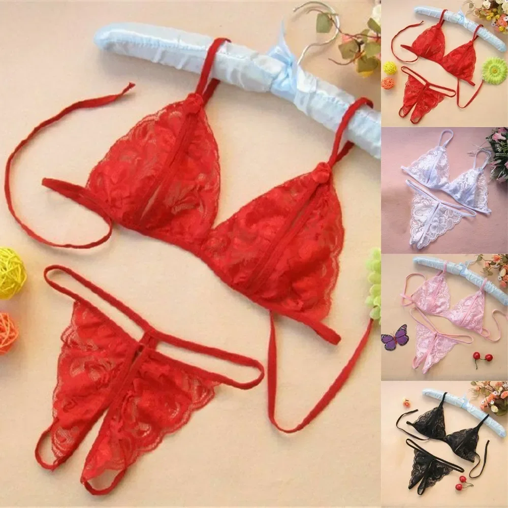 Women Sexy Lace Open Crotch Seductive Lingerie Baby Bra G-String Set Transparent Thongs Underpants Nightwear Ladies Bra Sets