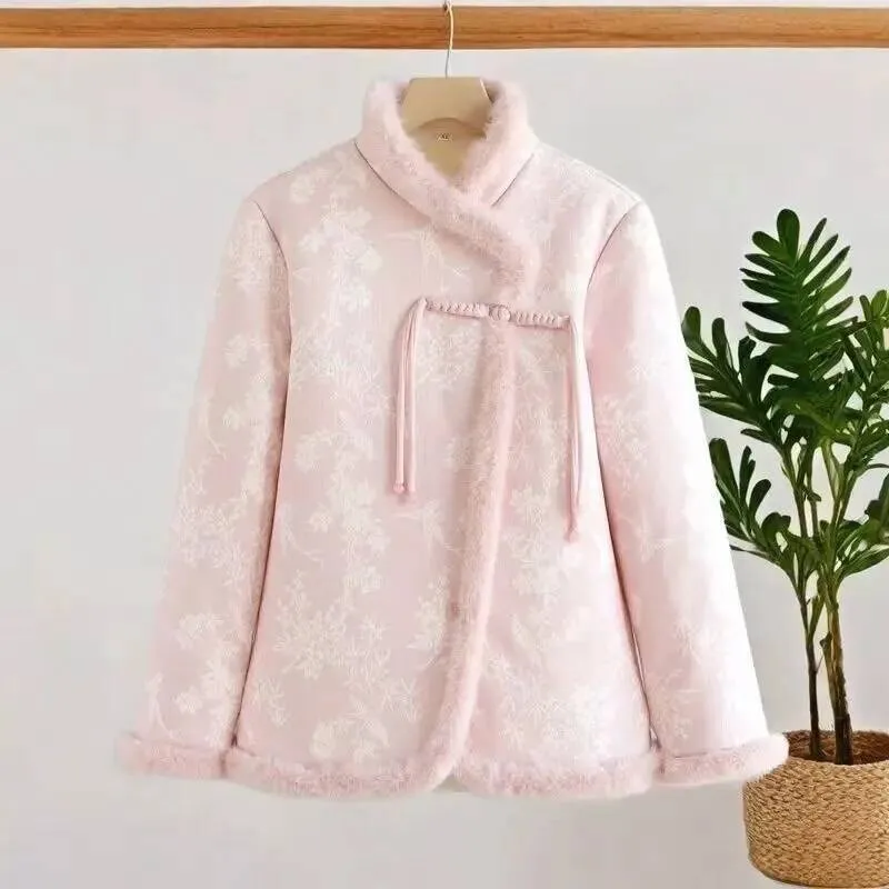 

Winter Cotton Chinese Floral Patterned Lined Button Up Warm Outerwear For Women Coat