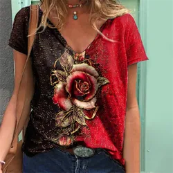 Women's Cotton T Shirt Rose Graphic 3D Print Short Sleeve Summer New Oversized Pullover Tops Harajuku Casual Clothes Women Tees