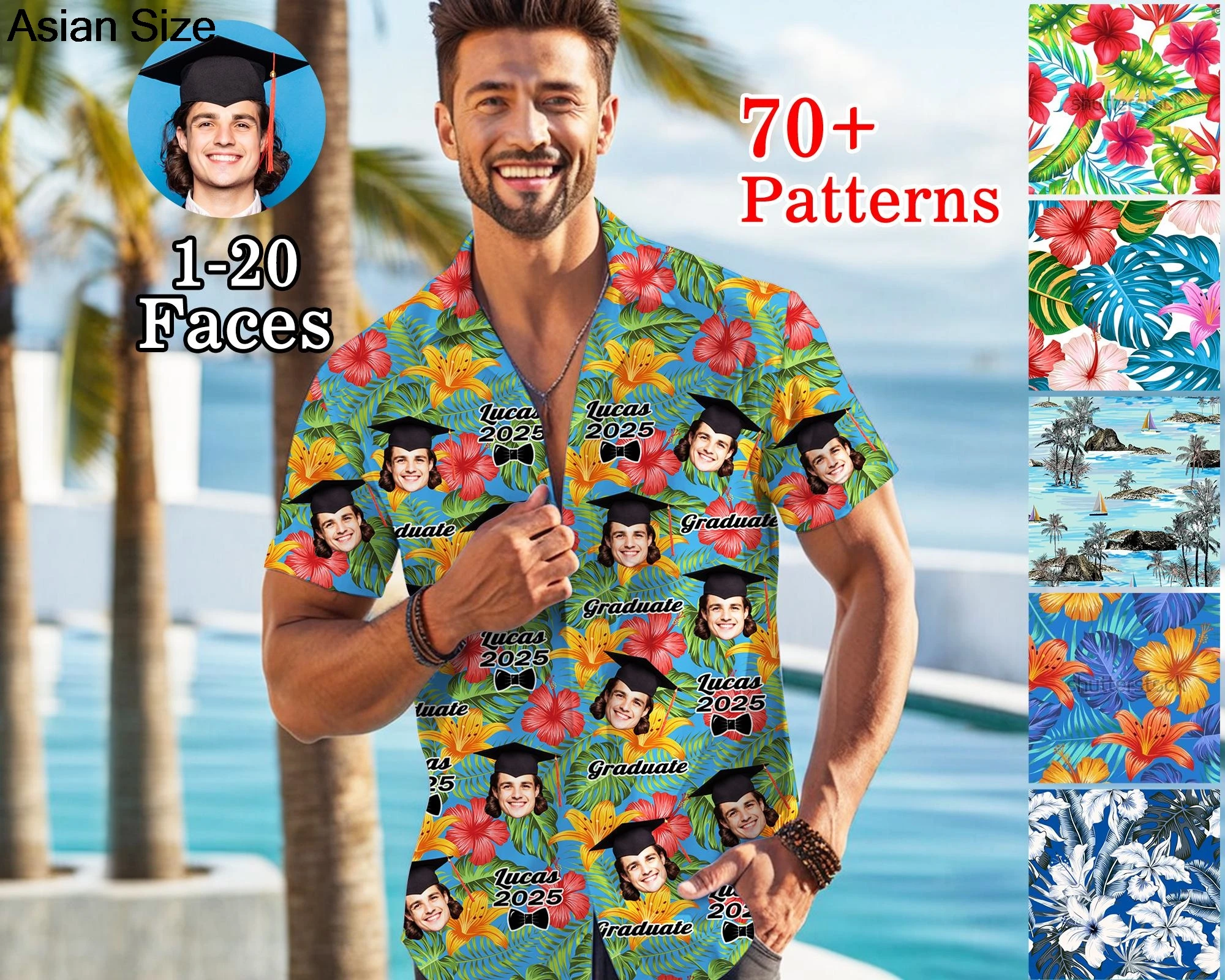 

2025 Custom Graduation Hawaii Shirts Personalized Graduate Party Gift Unisex Diy Face Blouses Customize Logo Text Beach Shirt
