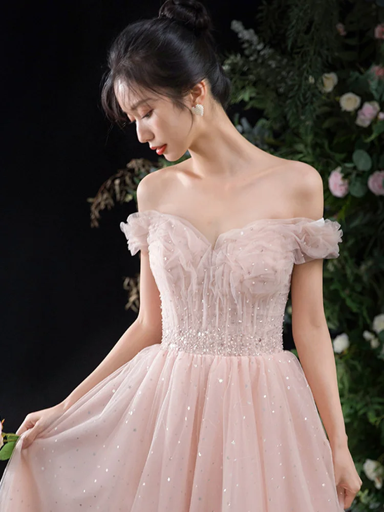 

Pink Prom Dress Elegant Off the Shoulder A-Line Princess Dresses Sweet Sequins Birthday Prom Gowns