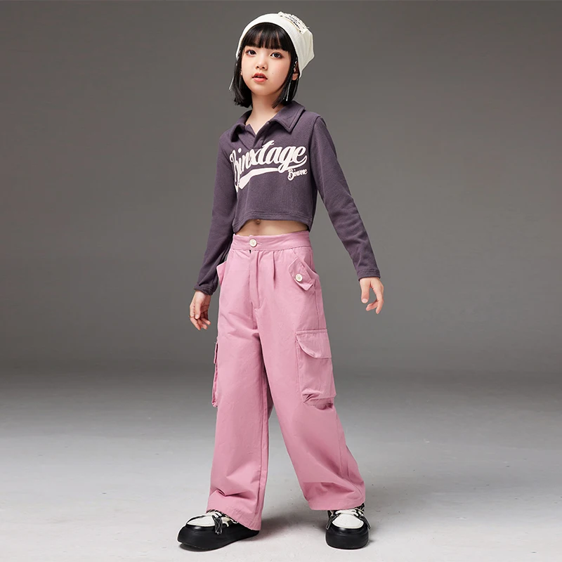 Long Sleeve Jazz Dance Costume Girls Cheerleading Clothes Tops Pink Cargo Pants Loose Tracksuit Street Dance Clothing DL11092