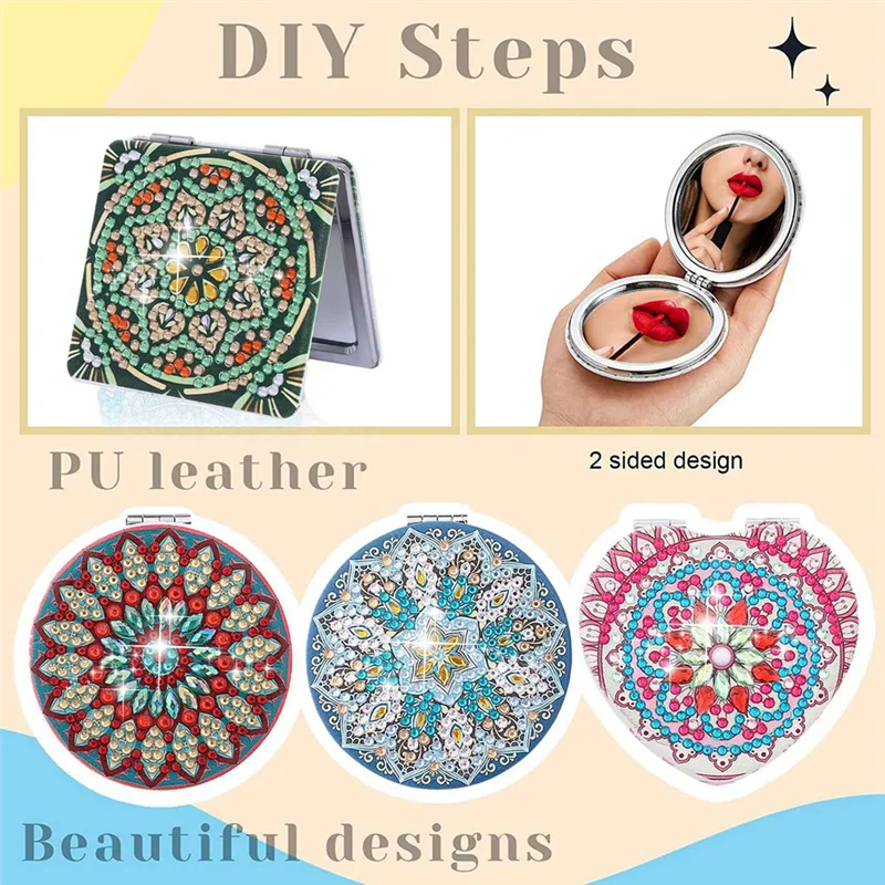 4Pcs Diamond Paint Mirror Compact DIY Mandala Diamond Art Pocket Mirror Folding Purse Mirror for Adults Kids Beginners