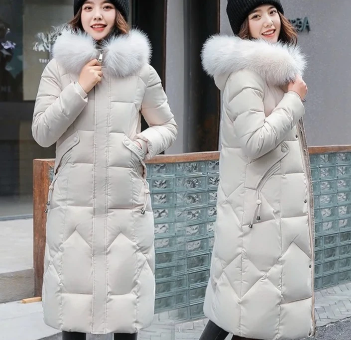 Damen-Winter-Daunenjacke, elegant, mit Kapuze, Pelzkragen, dick, wärmend, schmale Passform, koreanische Mode, mittellang