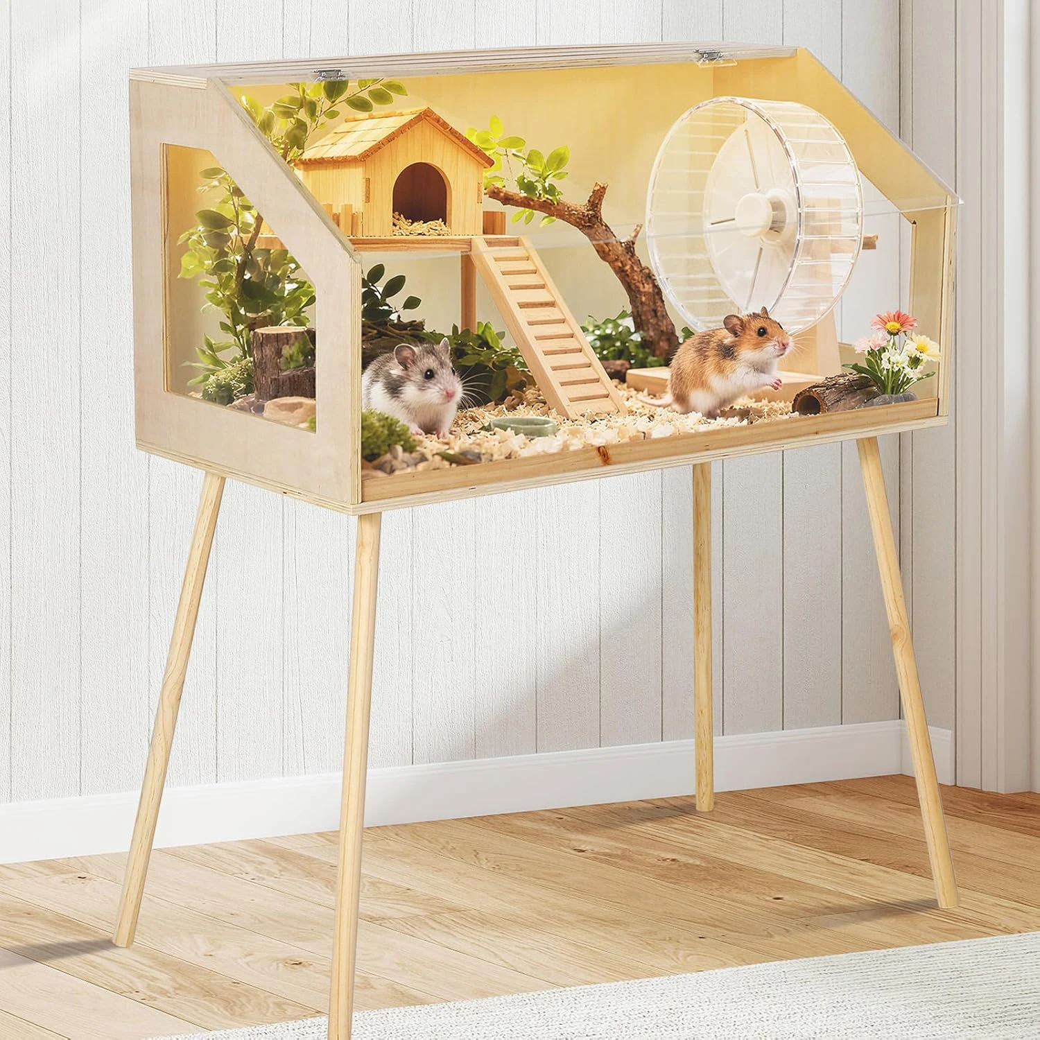 Grande cage en bois pour hamster, cage d'intérieur pour cochon d'Inde avec pieds, fenêtre de visualisation en acrylique et dessus ouvrable, habitat anti-rongeurs, cage pour animaux de compagnie pour hamster syrien, gerbille, cochon d'Inde