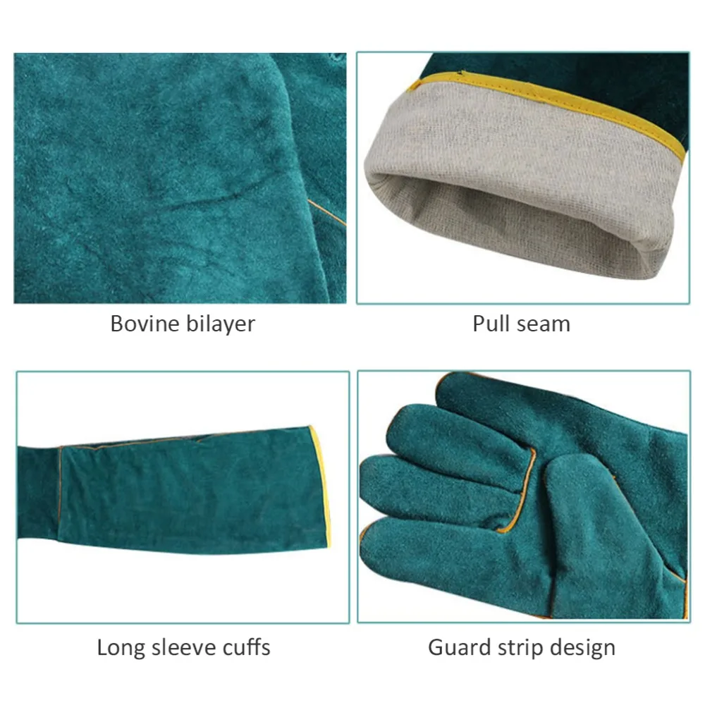1 pair Double Layer Construction Animal Handling Gloves Outer Cowhide Leather Extended Arm Coverage Reptile Safety Gloves