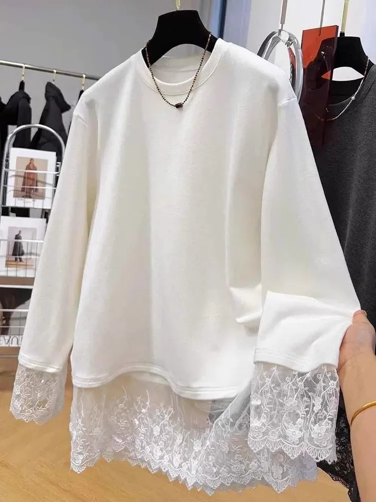 Women Lace Patchwork Long Sleeve T-shirt Autumn Winter Fleece Lined Warm Base Layer Top Loose Oversized Mid Length Plus Size Inn