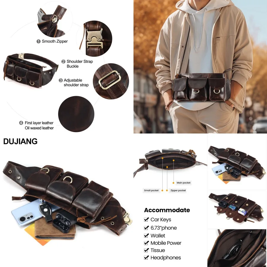 

【New style】Genuine leather large-capacity vintage chest bag for men multifunctional casual men's waist bag - multi-pocket perso