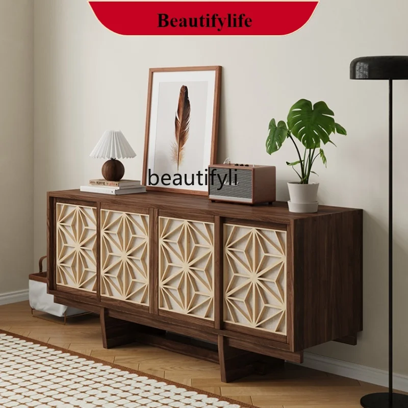 

G1218 Black Walnut TV Cabinet All Solid Wood Simple Sideboard Italian Minimalist Light Luxury Style Partition Entrance Cabinet