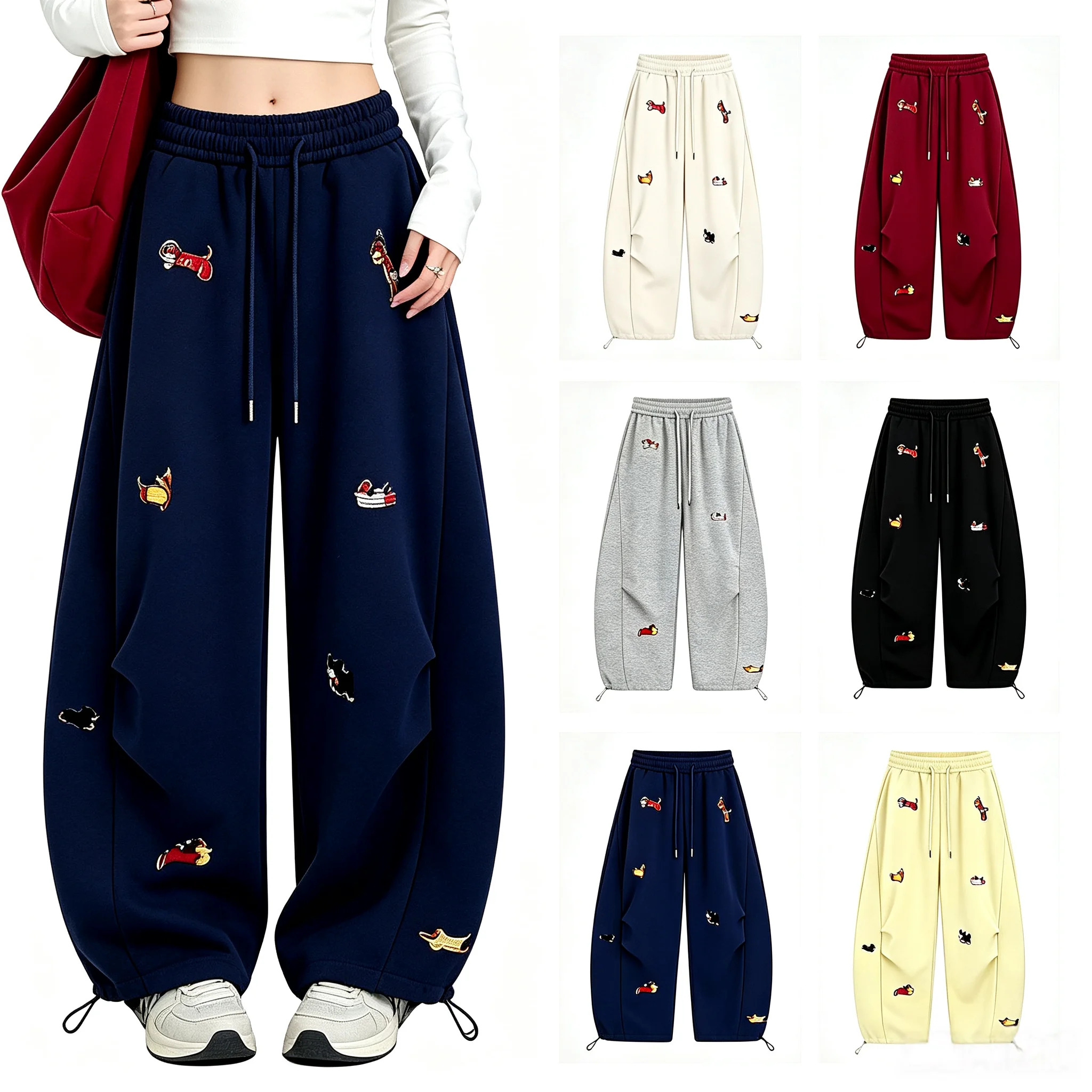 Men Women Embroidery Sausage Dog Baggy Sweatpants Wide Leg Drawstring Joggers Couple Hip Hop Streetwear Casual Trousers