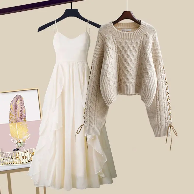

Autumn Winter Women's Loose Knitted Sweater Dress Two-Piece Set plus Size Comfortable Fashionable round Neck Long Sleeve