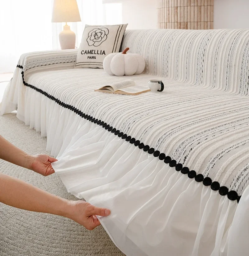 High-End Striped Sofa Towel with Skirt Hem All-Inclusive Soft Chenille Couch Slipcover Easy-Care Dustproof Armchair Protector