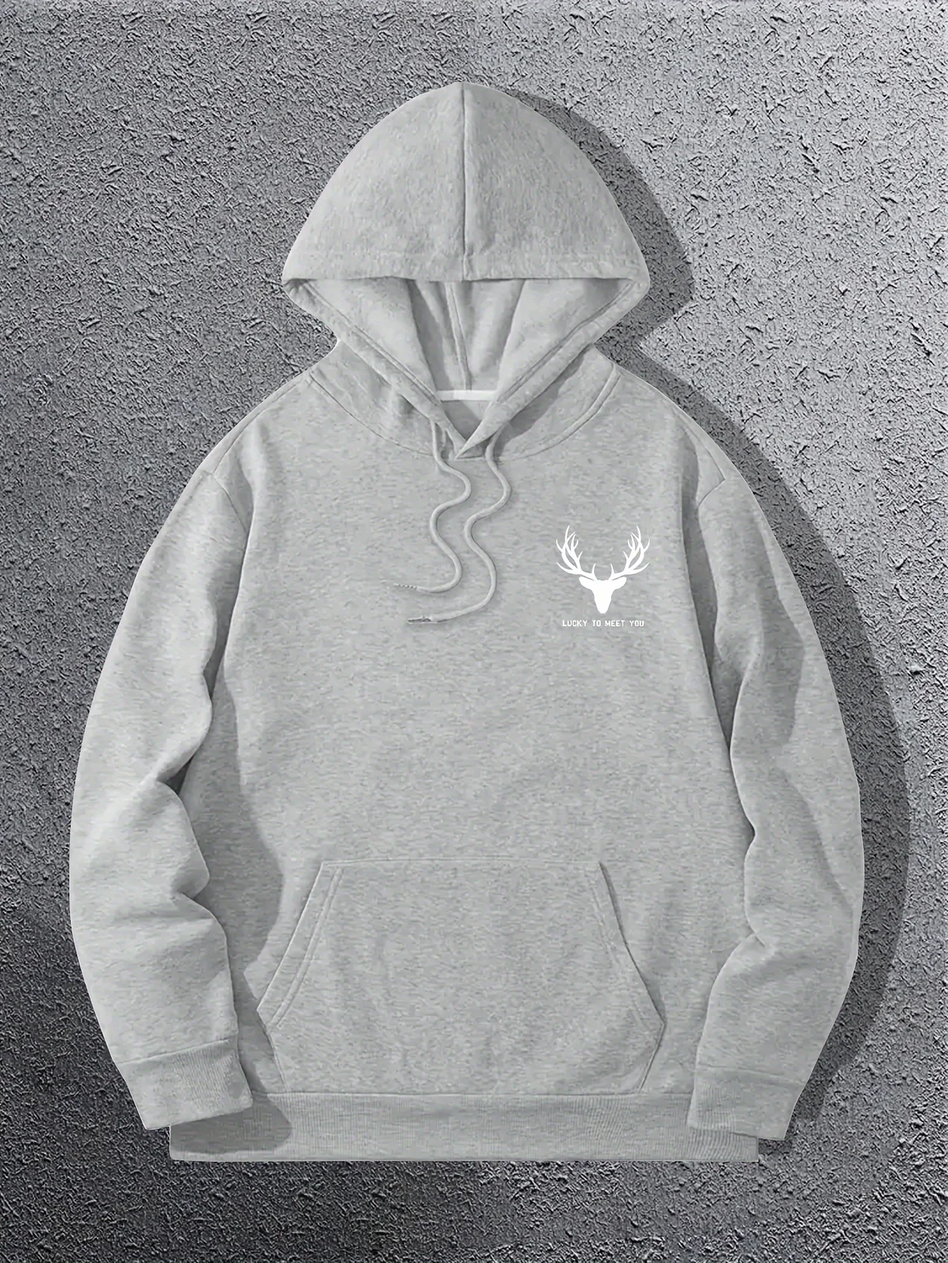 Deer Head Lucky To Meet You Graphic Sweatshirt Men Simple Streetwear Oversized Loose Fit Long Sleeve Hooded Pullover Tops