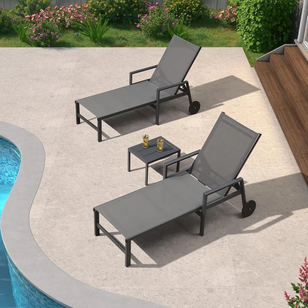 

2 Pieces Outdoor Chaise Lounge Aluminum Patio Lounge Chair with Wheels and Armrests Outdoor Lounge Recliner Chair for Pool Back