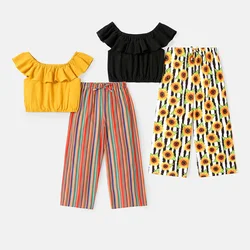 PatPat 2pcs Kid Girl Flounce Off Shoulder Tee and Stripe/Floral Print Pants Set Perfect for Outings and Daily Wear Basic Style