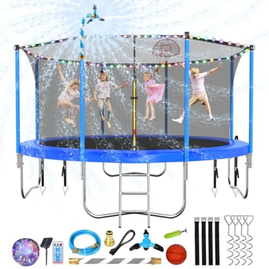 

Upgraded 10/12/14/15/16FT Trampoline with Light Stakes Sprinkler Basketball Hoop and Net in Blue for 4-6 and Adults