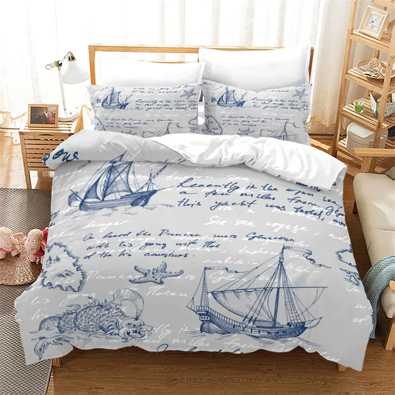 Vintage Pirate Sailboat Duvet Cover Nautical Ocean Theme Bedding Set Microfiber Diablo Style Comforter Cover King For Boys Teens