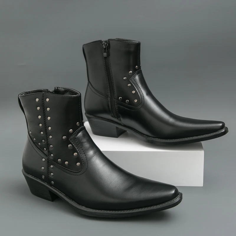 

Black High-heeled Boots Men Pointed Toe Boots Rivet Design Men's Ankle Boots Zip High Top Leather Shoes For Man botas masculino