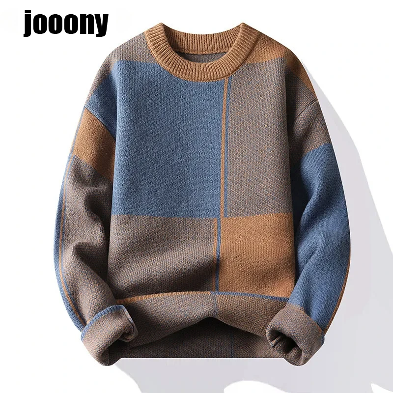 2024 New Fashion Patchwork Knitting Trend Checkered Autumn Winter Warm Knit Men's Casual Loose Comfortable Thickened Sweater