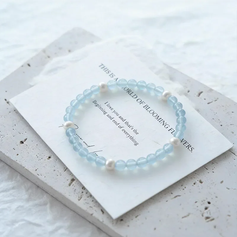 Mint Natural Glacier Aquamarine Crystal Bracelet Women's Natural Baroque Freshwater Pearl Bracelet Gift