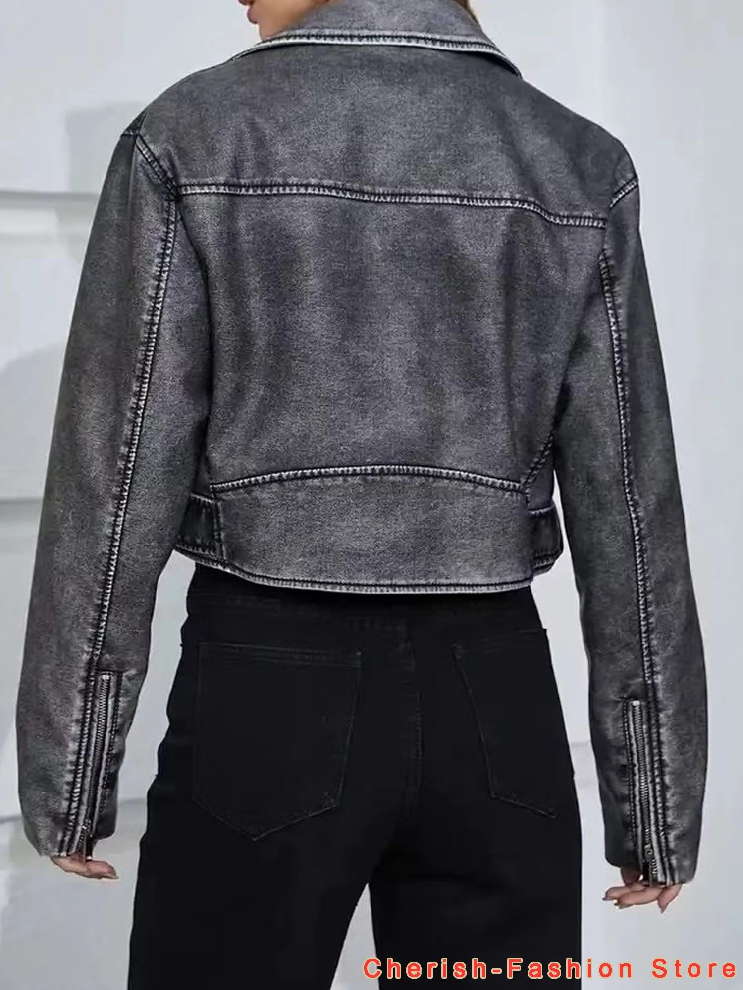 2023 New Autumn Women Vintage Bomber Washed PU Faux Leather Jackets Ladies Gradient Zipper Motor Biker Gray Leather Jacket Short