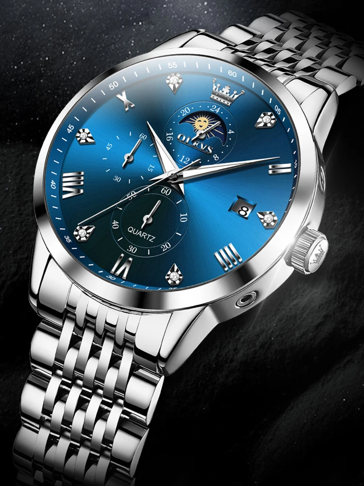 

Новые мужские часы OLEVS, водонепроницаемые светящиеся спортивные часы для мужчин, наручные часы из нержавеющей стали, фаза Луны, дата, секундомер