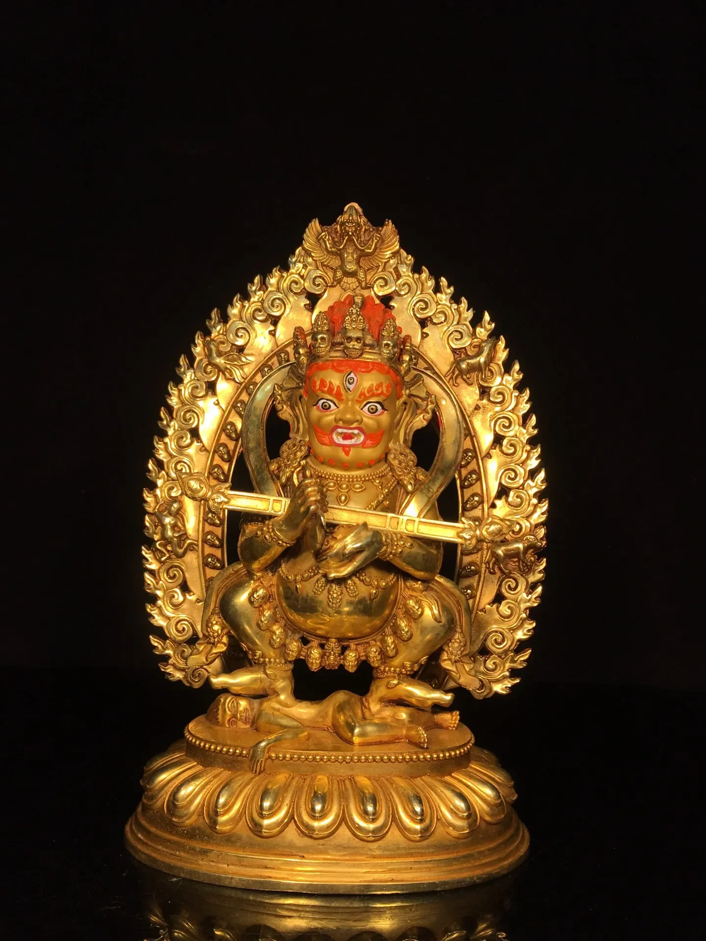 

13"Tibet Folk Old Bronze Gilded Painted Face Mahakala Buddha Dark Sky Backlit Buddha Lotus Terrace Worship Hall