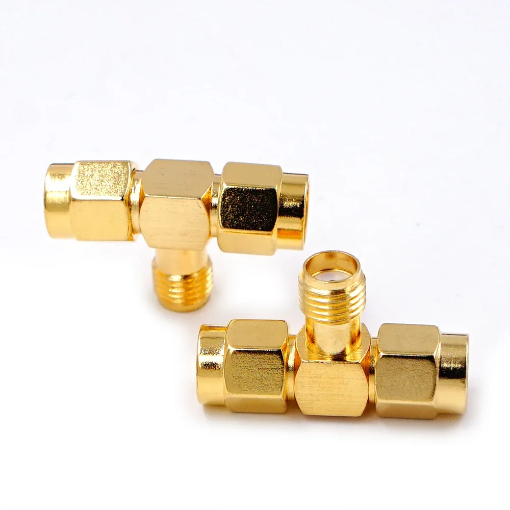 10pcs T Type SMA Female Jack to 2 SMA Male Plug RF Coaxial Connector 3 Way Splitter Antenna Converter Gold-Plated Brass