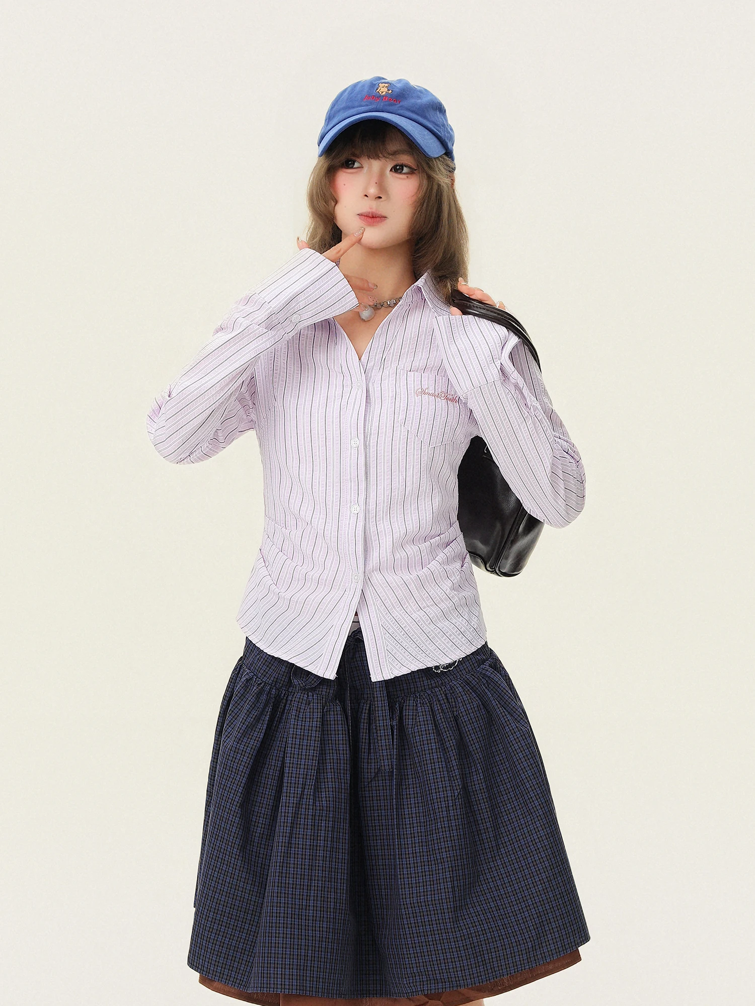 

Slim Fit Korean Style Striped Shirt Women's Spring Autumn Slimming Long Sleeve Collarless Casual Shirt Contrast Color Shoulder
