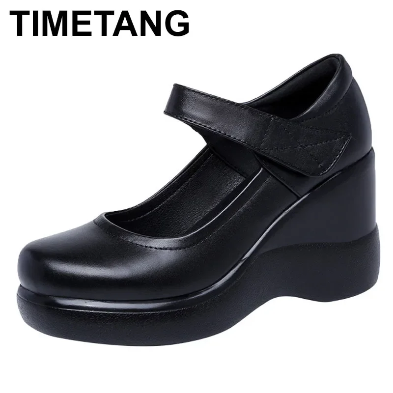 TIMETANG Round Toe Wedge Pumps Women Shoes Mary Jane Shoes Thick Bottom Leather Shoes Platform Pumps Fashion Brand New Plus Size