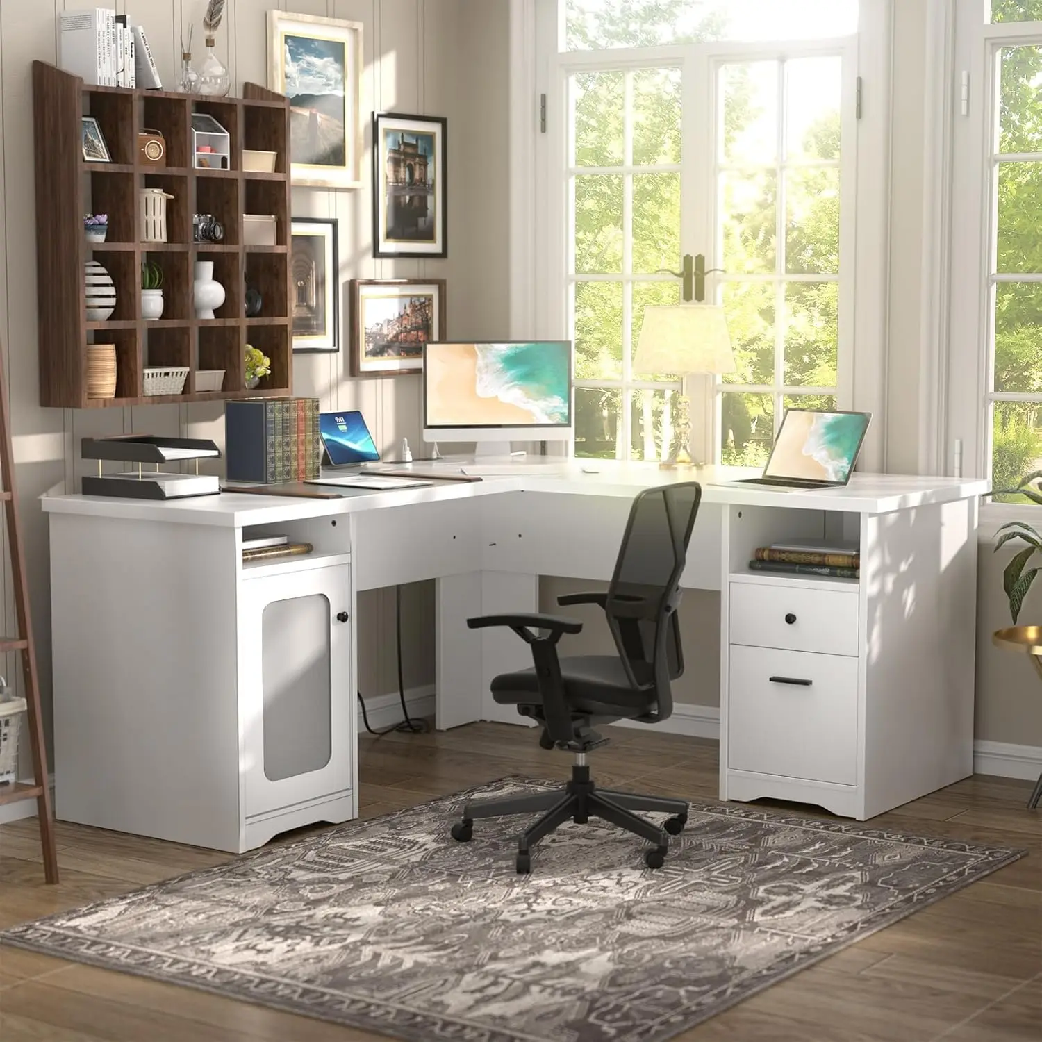 Computer Desk with Drawer, 60 Inch Office Desk with Power Outlets and USB Ports, Large L Shape Corner Desks wit