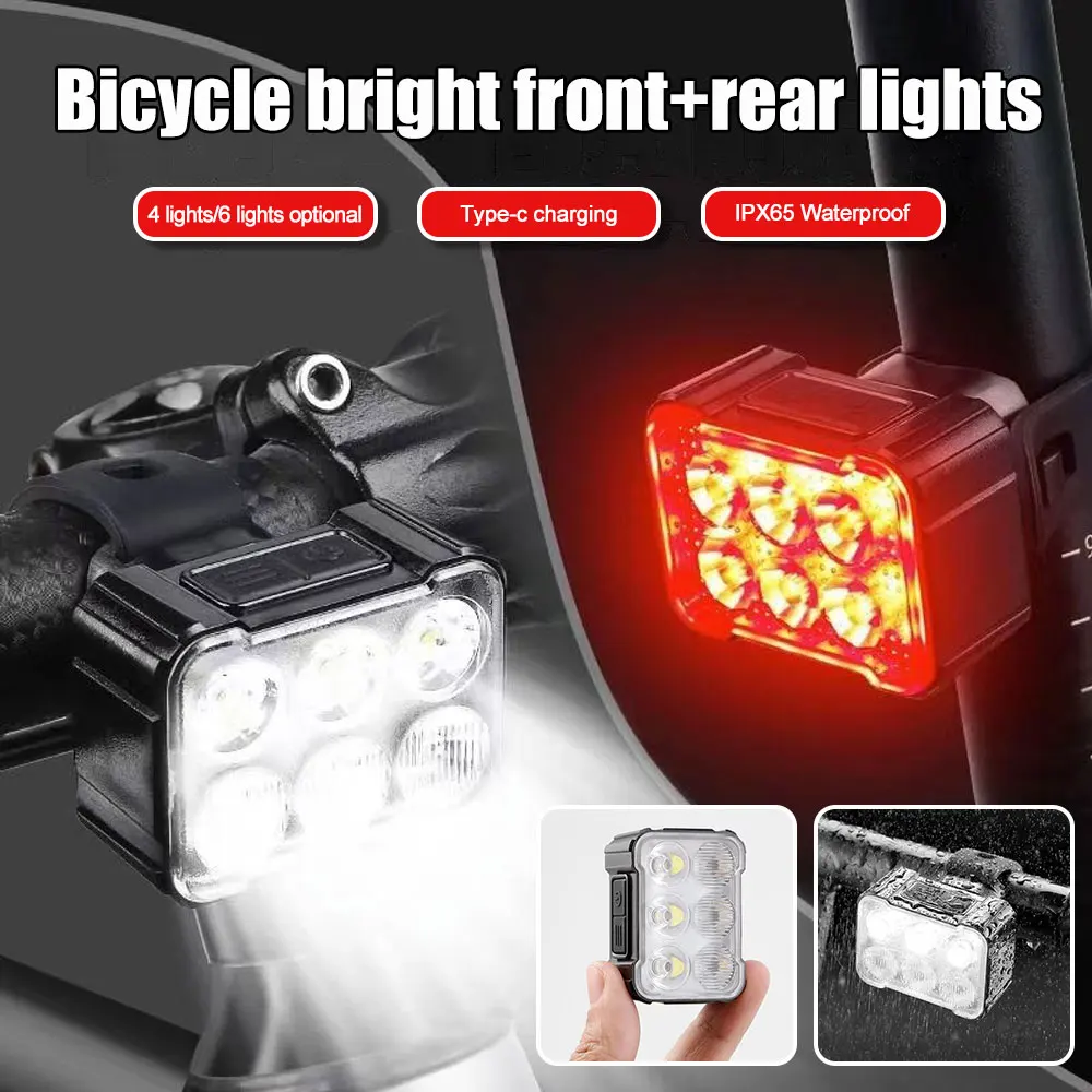 Red/White Cycling Taillight 6 lamp Headlight Bicycle Lights Bike Safety Warning Light LED USB Rechargeable Waterproof Bike Light