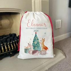 personalized Forest Woodland Animal Santa Claus sack Merry Xmas eve Holiday baby boy girl 1st First Christmas gift Toy stocking