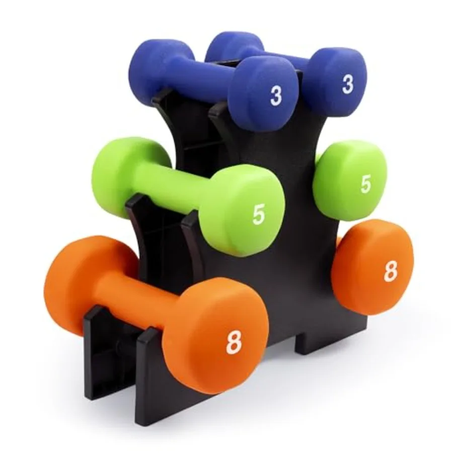 

3-Pair Neoprene Coated Dumbbell Set 32-lbs with Rack for Home Yoga Fitness Training in Black Red Green